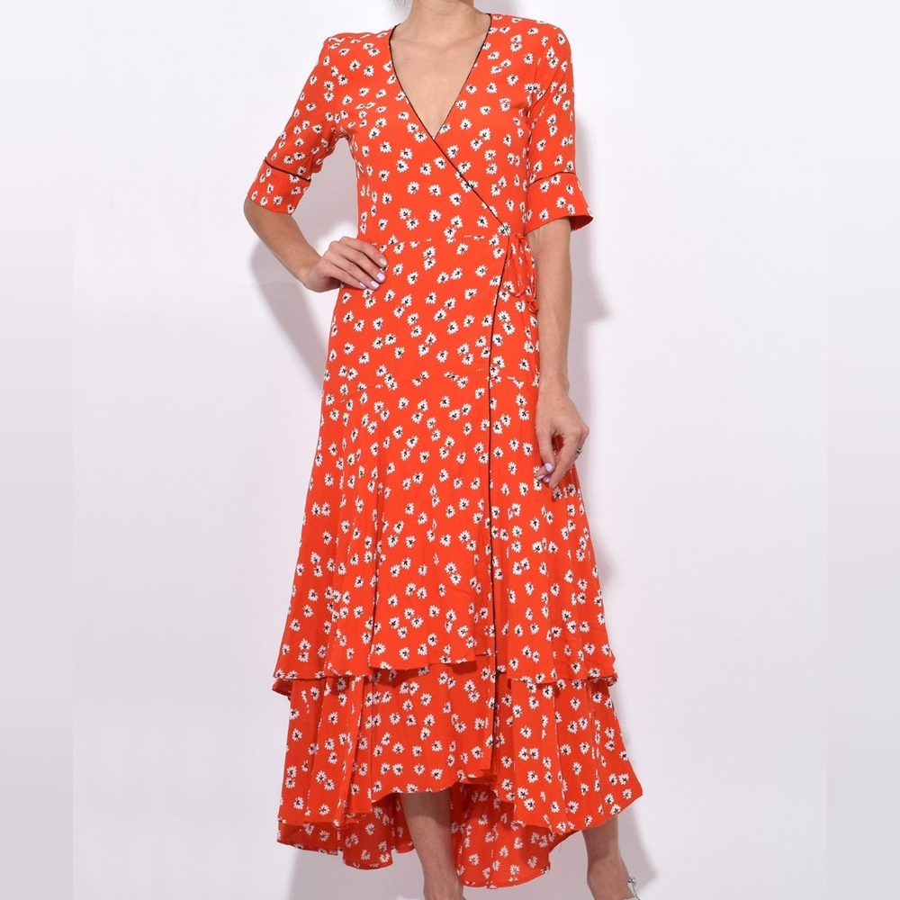 Ganni red floral wrap dress